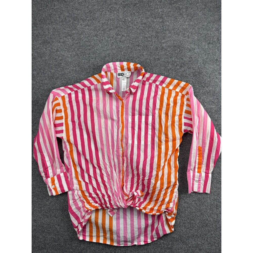 Beach Riot Shirt Womens S/M Pink Orange Stripe Button Front Long Sleeve Tunic‎